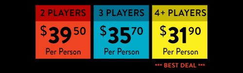 2026 Locked Room Pricing Chart. 2 Players $39.50/pp, 3 Players $35.70/pp, 4+ Players $31.90/pp